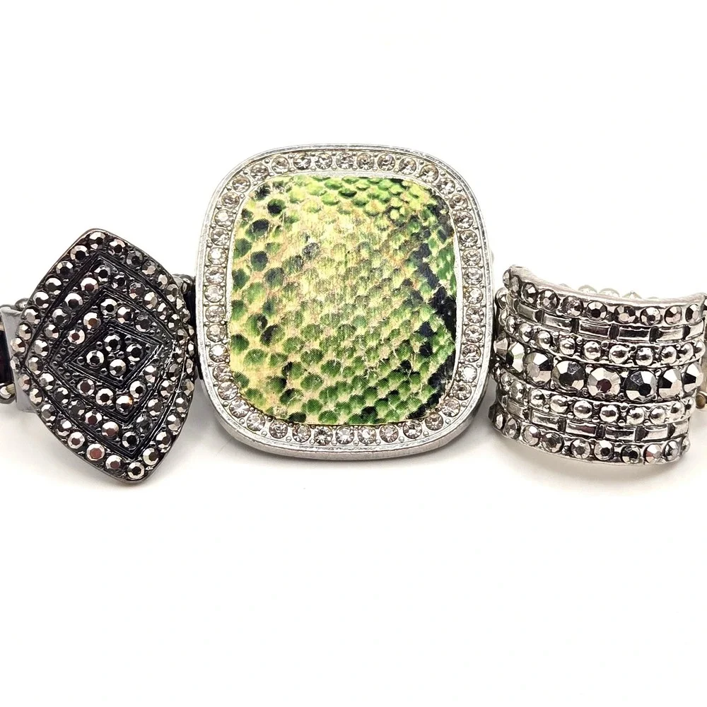 Paparazzi‎ Stretch Rings Set 3 Silver Gunmetal Green Snakeskin Rhinestone
